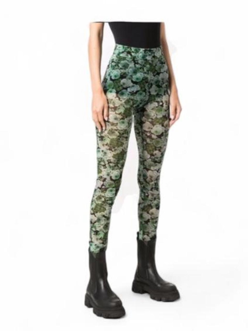 Ganni Sheer White and Green Floral Print Leggings
